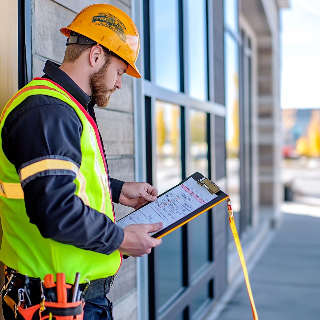 Signage technician completing a commercial site survey and measurements